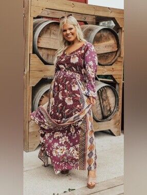 ODDY Mauve Floral & Border Print Long-Sleeve Maxi Dress